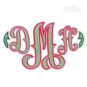 May include: A monogram design featuring the letters D, M, and H in a decorative script. The letters are light green with a bright pink outline and are set against a white background. Green leaf-like accents are on each side.