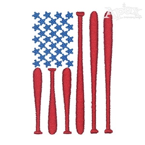 May include: An American flag design with red baseball bats forming the stripes. The stars are blue and white.