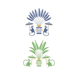 Può includere: Due illustrazioni di piante in vaso con scimmie che tengono ombrelli. L'illustrazione superiore presenta una pianta blu con scimmie blu e l'illustrazione inferiore presenta una pianta verde con scimmie verdi.