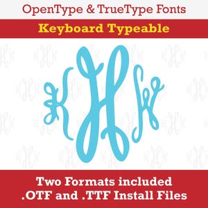 Pode incluir: Um design de fonte de monograma azul com as letras "H" e "K" em uma escrita estilizada. O texto "OpenType & TrueType Fonts" e "Keyboard Typeable" está acima do monograma. O texto "Two Formats included .OTF and .TTF Install Files" está abaixo do monograma.