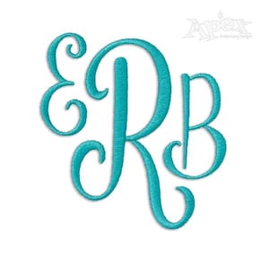 May include: A turquoise embroidered monogram featuring the letters E, R, and B. The letters are in a decorative, flowing script style. The design is set against a white background, with the Apex Embroidery Designs logo in the top right corner.