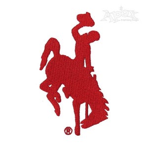 May include: Red embroidered design of a bucking bronco with a rider. The design is a silhouette with a registered trademark symbol.