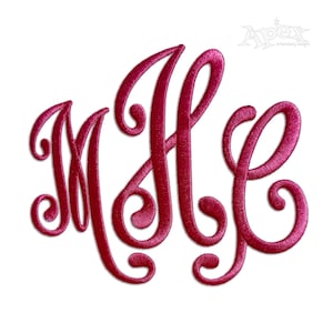 May include: A magenta monogram displaying the letters M, H, and L in a cursive style. The letters are interwoven, forming an ornamental design. The image is set against a plain white backdrop, accentuating the embroidered detail.