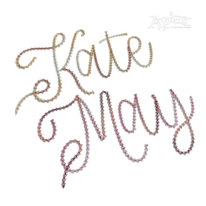 May include: The names "Kate May" are presented in a cursive, stitched font. The letters are formed from small, triangular stitches in a gradient of colours, from light yellow to pink. The background is plain white.