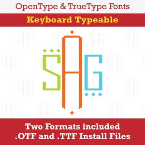 Pode incluir: Um design gráfico apresentando as letras "SAG" em um estilo geométrico ousado. As letras são em verde, laranja e azul. O texto "OpenType & TrueType Fonts" e "Keyboard Typeable" está acima das letras. O texto "Two Formats included .OTF and .TTF Install Files" está abaixo das letras.