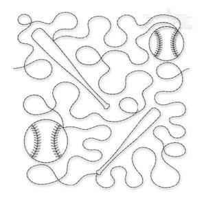 May include: Black and white line drawing of baseball bats and baseballs. The design is a repeating pattern of curved lines and the sports equipment.