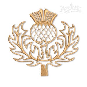 Può includere: Un ricamo dorato di un cardo con foglie. Il cardo è un simbolo tradizionale della Scozia.