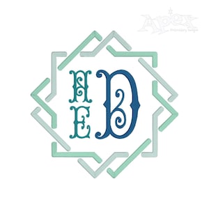 May include: A monogram design featuring the letters "HED" in a decorative font. The letters are surrounded by a geometric frame in shades of blue and green.