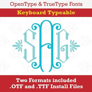 Op de afbeelding: Een monogram-lettertypeontwerp met de letters "SAG" in een blauw en turquoise kleurenschema. De letters zijn in een decoratief, gestileerd lettertype. De tekst "OpenType & TrueType Fonts" en "Keyboard Typeable" staat bovenaan de afbeelding. De tekst "Two Formats included .OTF and .TTF Install Files" staat onderaan de afbeelding.