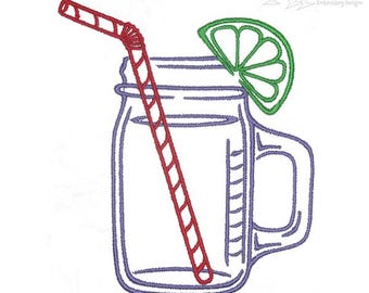May include: A line drawing of a mason jar with a straw and a lime wedge. The jar is purple, the straw is red, and the lime wedge is green.