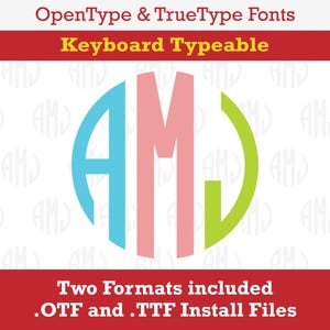 Pode incluir: Um design gráfico com as letras "AMJ" num círculo. O "A" é azul claro, o "M" é rosa e o "J" é verde. O texto "OpenType & TrueType Fonts" e "Keyboard Typeable" estão acima. Abaixo, o texto diz "Two Formats included .OTF and .TTF Install Files."