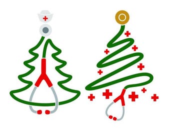 May include: Two Christmas trees decorated with red crosses and a stethoscope. One tree has a nurse's hat on top.