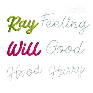 May include: A white background with the words "Ray Feeling Will Good Hood Harry" in different colours and fonts. "Ray" is green, "Will" is pink, and the rest are in a cursive font.