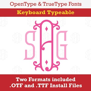 May include: A pink monogram font design with the letters "SAG" in a decorative script style. The font is available in OpenType and TrueType formats and is keyboard typeable. The text "Two Formats included .OTF and .TTF Install Files" is also included in the image.