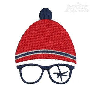 May include: Red and blue embroidered design of a person wearing a red knit hat with a blue pom pom and blue framed glasses.