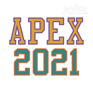 May include: A yellow and purple embroidered design with the text "APEX 2021" in a varsity style font.