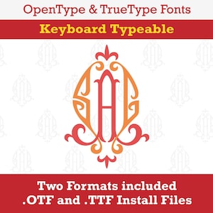 Pode incluir: Um design de fonte de monograma que apresenta a letra "A" em um estilo decorativo e ornamentado. A fonte está disponível em dois formatos: OTF e TTF. O texto "OpenType & TrueType Fonts" e "Keyboard Typeable" é exibido acima do monograma. O texto "Two Formats included .OTF and .TTF Install Files" é exibido abaixo do monograma.