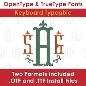 Pode incluir: Um design de fonte de monograma verde, marrom e laranja com as letras "SAG" em uma fonte decorativa e estilizada. O texto "OpenType & TrueType Fonts" e "Keyboard Typeable" está na parte superior da imagem. O texto "Two Formats included .OTF and .TTF Install Files" está na parte inferior da imagem.
