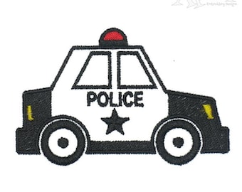 May include: A black and white cartoon police car with a red light on top. The car has the word "POLICE" written on the side and a black star.