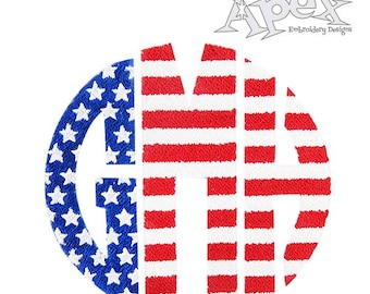 Op de afbeelding: Een rood, wit en blauw Amerikaans vlagontwerp in een cirkel met de letters "GMH" uitgesneden uit het ontwerp.