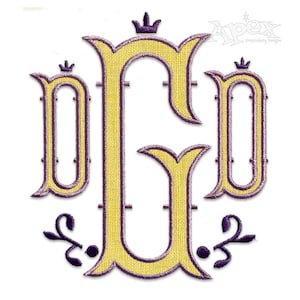 May include: A yellow and purple embroidered monogram with the letter "G" in the center and the letters "D" and "O" on either side. The letters are stylized with crowns on top and floral accents at the bottom.