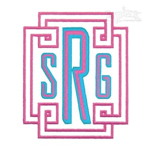 May include: A monogram design with the letters "SRG" in a pink and blue color scheme. The letters are surrounded by a pink square frame with a geometric pattern.
