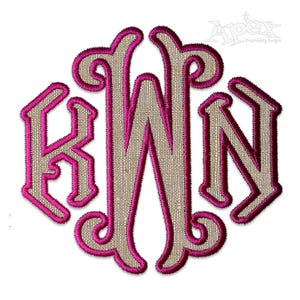 May include: Embroidered monogram design featuring the letters K, W, and N in a decorative, stylized font. The letters are outlined in a vibrant pink, with a tan, textured fill. The design is set within a hexagonal shape, perfect for personalization.