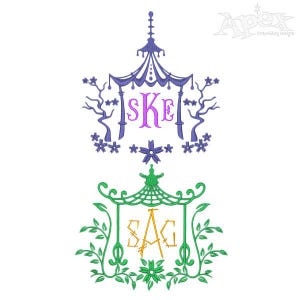 Puede incluir: Dos diseños de bordado que presentan una estructura de estilo pagoda con acentos florales. El diseño superior es en morado y azul con el monograma "SKE" en rosa. El diseño inferior es en verde con el monograma "SAG" en amarillo.