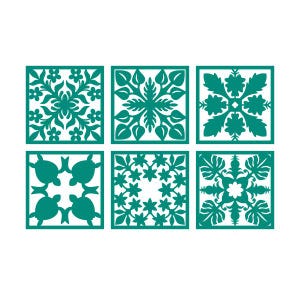 May include: Six teal blue square tiles with different Hawaiian-inspired patterns. The patterns include flowers, leaves, turtles, and geometric designs.