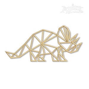 Puede incluir: Esquema geométrico de un dinosaurio de color dorado, que se asemeja a un Triceratops, con un diseño triangular.