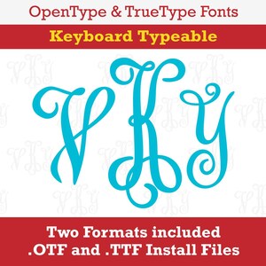 Pode incluir: Um download digital de dois arquivos de fonte, OpenType e TrueType, para as letras V, L e Y em um estilo de escrita cursivo. A fonte é digitável no teclado e o texto "Keyboard Typeable" é exibido em vermelho acima das letras. As letras são de cor azul turquesa. O texto "Two Formats included .OTF and .TTF Install Files" é exibido em vermelho abaixo das letras.