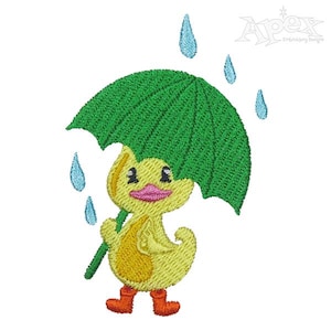May include: A yellow duckling wearing orange rain boots holds a green umbrella with raindrops falling around it.