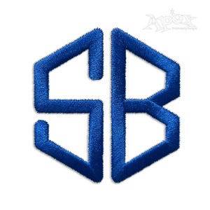 May include: A blue embroidered monogram featuring the letters "SB" within a hexagonal frame. The design has a textured, stitched appearance, with the letters and frame in a vibrant shade of blue against a white background. The Apex Embroidery Designs logo is in the upper right corner.