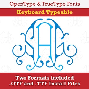 Pode incluir: Uma letra A estilizada em azul e branco com floreios decorativos. O texto "OpenType & TrueType Fonts" e "Keyboard Typeable" está acima da letra. O texto "Two Formats included .OTF and .TTF Install Files" está abaixo da letra.