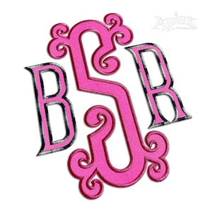 May include: A pink embroidered monogram featuring the letters BSR in a decorative, swirling font. The letters have a textured appearance with a black and gray outline, set against a white background. The Apex Embroidery Designs logo is in the upper right corner.