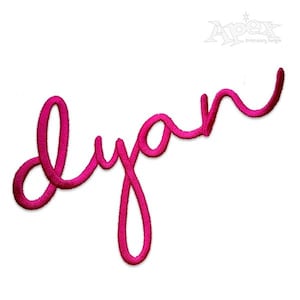 May include: A hot pink embroidered word "Dyan" in a cursive script style, set against a white backdrop. The letters are joined, creating a flowing design. The Apex Embroidery Designs logo is in the top right corner.