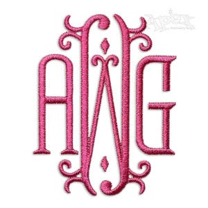 May include: A pink monogram embroidery design with the letters "AWG" in a decorative font. The letters are intertwined with a floral design.