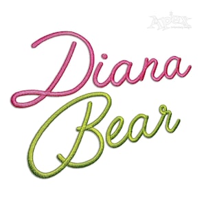 May include: The name "Diana Bear" is presented in a cursive script. "Diana" is rendered in pink, while "Bear" is in green. The text has a textured, embroidered look, set against a white backdrop. The Apex Embroidery Designs logo is in the upper right corner.