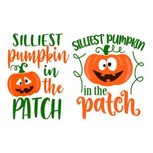 Könnte beinhalten: Zwei Halloween-kürbis-Designs mit dem Text "Silliest pumpkin in the patch". Die Kürbisse haben einen orangefarbenen Körper, grüne Stiele und schwarze Augen und Münder.