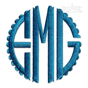 May include: A blue monogram with the letters "EMG" in a circle with a scalloped edge.