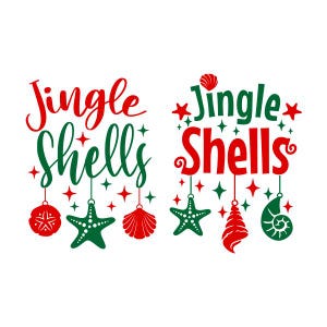 Puede incluir: Diseño navideño Jingle Shells con texto rojo y verde y adornos. Los adornos incluyen una estrella de mar, una concha y un dólar de arena.