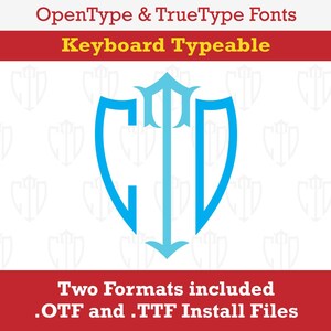 Pode incluir: Um logotipo azul e branco com um escudo e um tridente. O texto "OpenType & TrueType Fonts" e "Keyboard Typeable" está acima do logotipo. O texto "Two Formats included .OTF and .TTF Install Files" está abaixo do logotipo.
