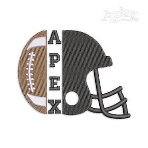 Puede incluir: Diseño bordado de un casco de fútbol americano y un balón de fútbol con la palabra "APEX" en letras verticales.