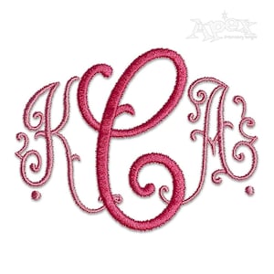 May include: A monogram embroidery design featuring the letters K, C, and A in a cursive script with decorative flourishes. The letters are in a pink color.