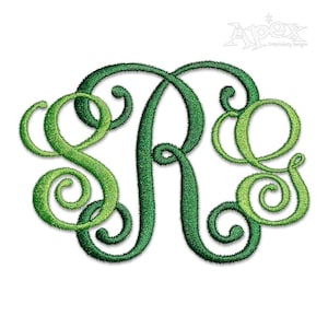 May include: Green and light green monogram with the letters "S" and "R" in a cursive font.