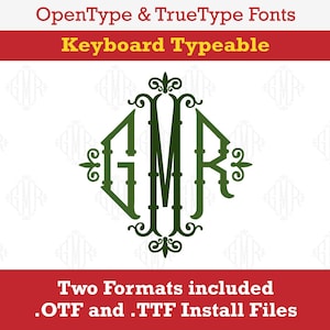 Pode incluir: Fonte de monograma verde com as letras GMR em um estilo decorativo e ornamentado. O texto "OpenType & TrueType Fonts" e "Keyboard Typeable" está acima do monograma. O texto "Two Formats included .OTF and .TTF Install Files" está abaixo do monograma.