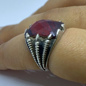 Men's 925 Sterling Silver Ring, Red Ruby Stone, Berber Tribal Engraved, Size 8