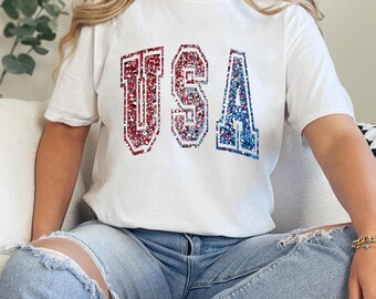 USA Glitter Block Letter T-Shirt  Patriotic Fashion Tees for Women  Men