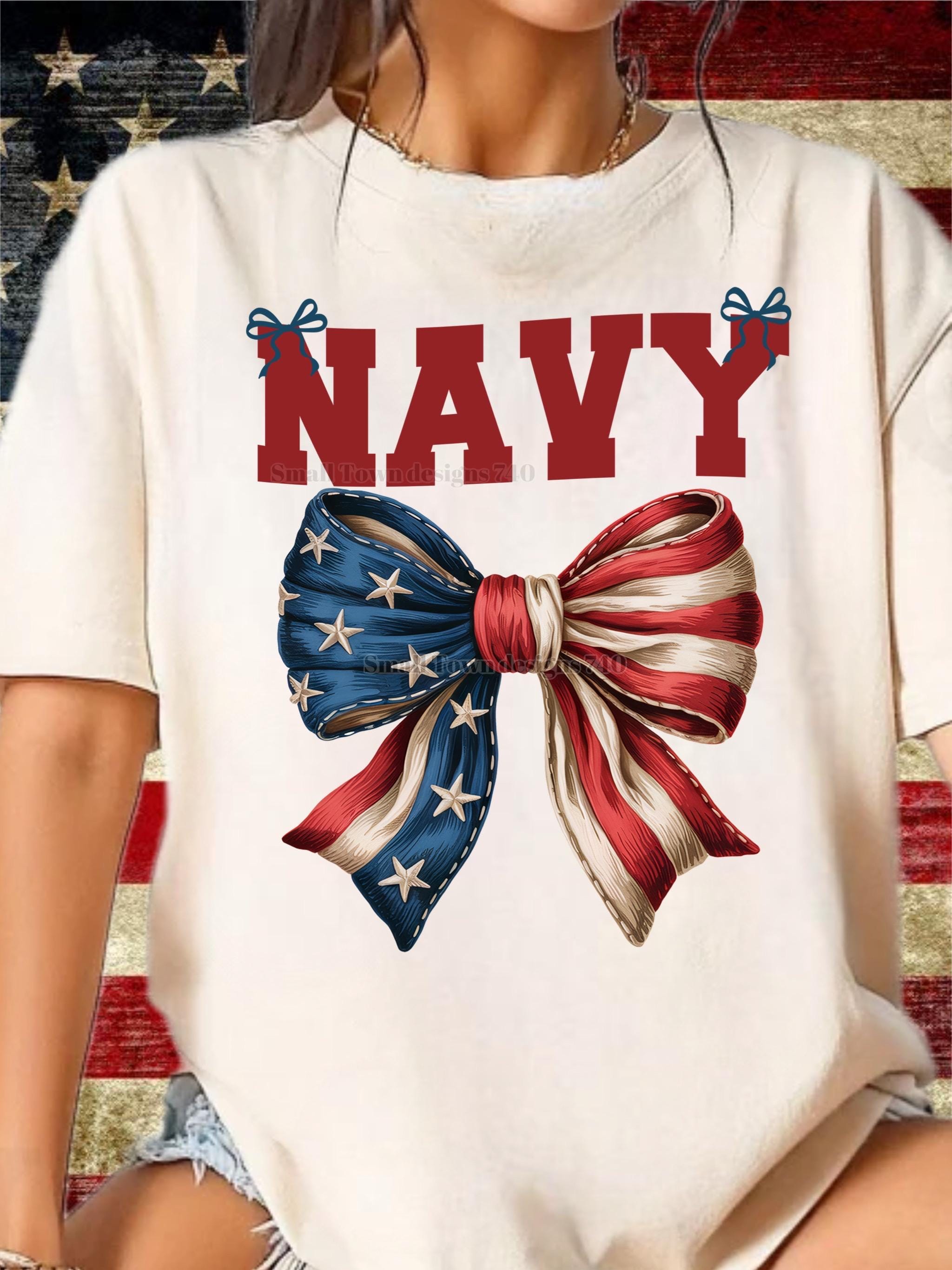 Patriotic NAVY Shirt | Military Support Tee with Flag Bow | 4th of July Shirt | Gildan Softstyle | Unisex Fit