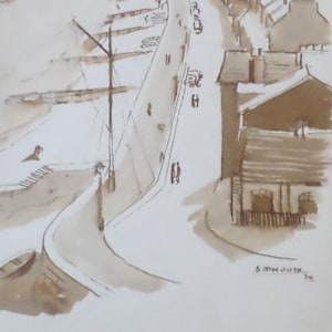 1930s pen and ink drawing with a watercolour wash of Sidmouth dated 1934
